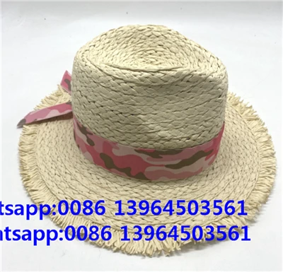 Kertas lebar mengetuk jerami buatan tangan wanita pita serat topi pantai