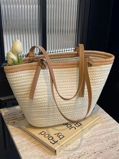Tali Kapas Beg Jerami Buatan Tangan Putih&coklat